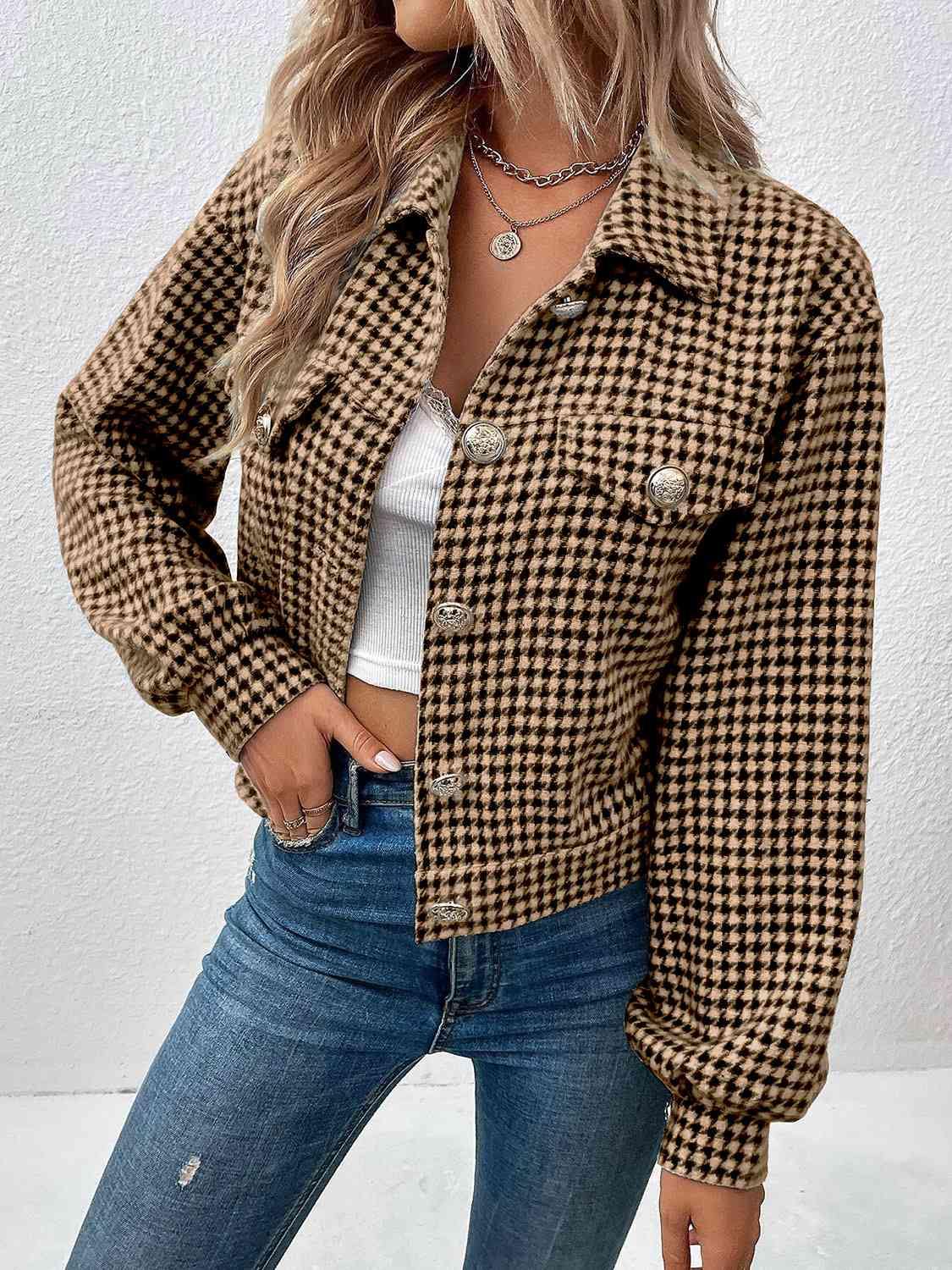 Houndstooth Collared Neck Button Up Jacket - Trendsi