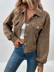 Houndstooth Collared Neck Button Up Jacket - Trendsi