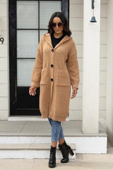 Button Up Long Sleeve Hooded Cardigan with Pockets - Trendsi