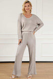 Ribbed V-Neck Top and Pants Lounge Set - Trendsi - Flyclothing LLC