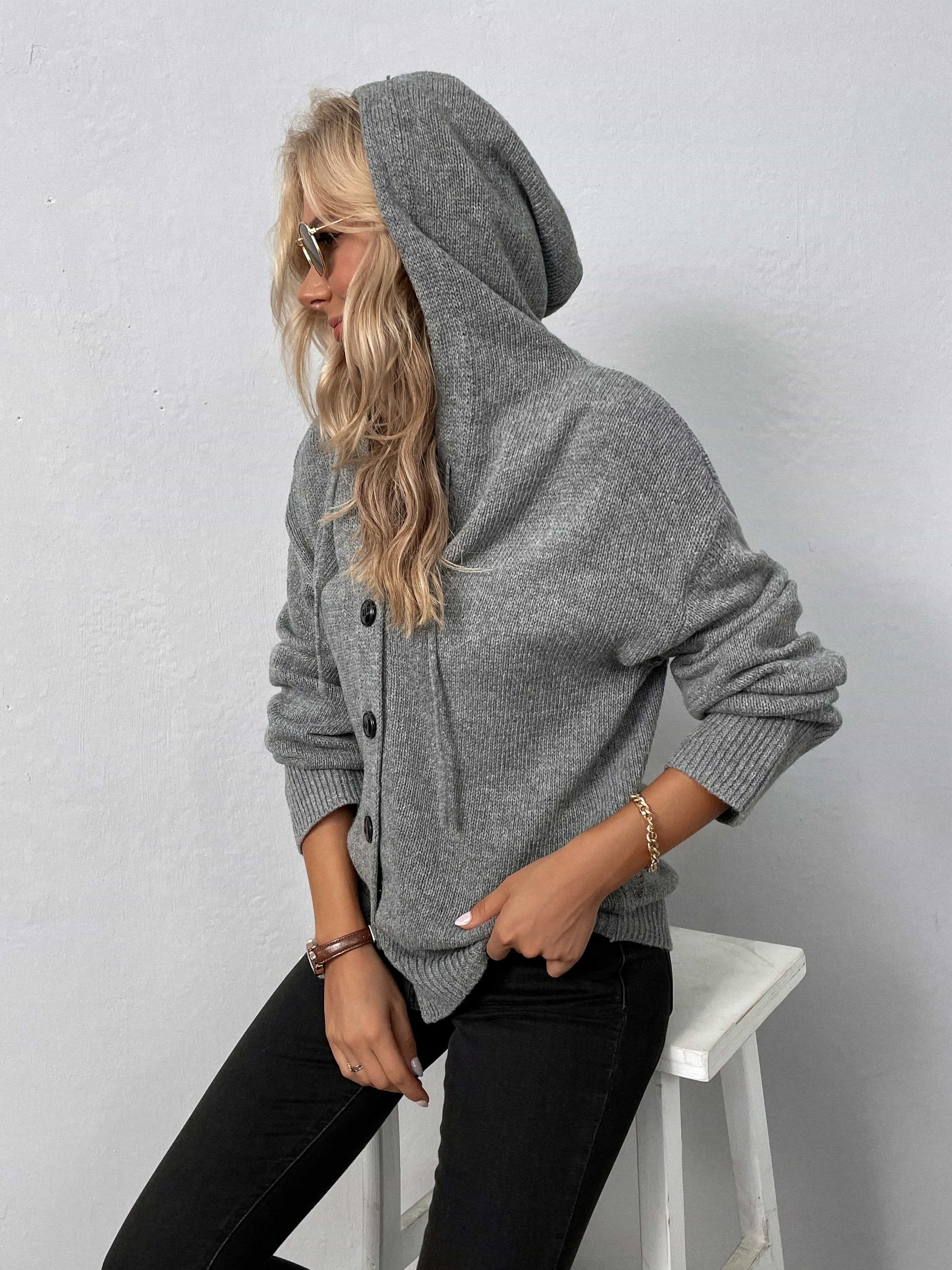 Button-Down Long Sleeve Hooded Sweater - Trendsi - Flyclothing LLC