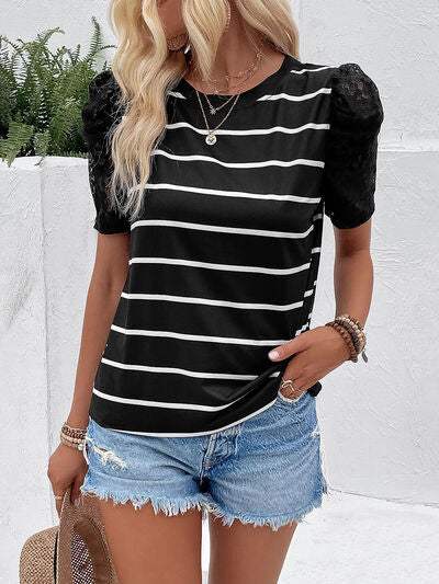 Striped Lace Detail Short Sleeve T-Shirt - Trendsi - Flyclothing LLC