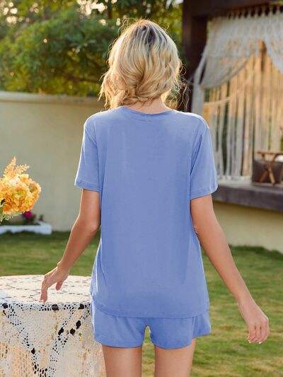 V-Neck Short Sleeve Top and Pocketed Shorts Lounge Set - Trendsi - Flyclothing LLC