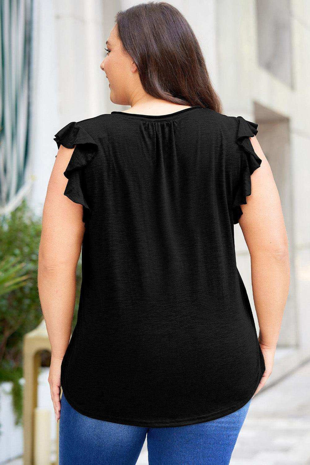 Plus Size Flutter Sleeve Notched Blouse - Trendsi - Flyclothing LLC