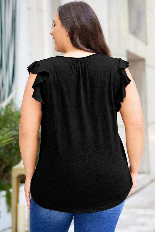 Plus Size Flutter Sleeve Notched Blouse - Trendsi - Flyclothing LLC