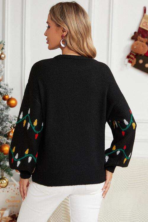 Round Neck Pattern Lantern Sleeve Sweater - Trendsi - Flyclothing LLC