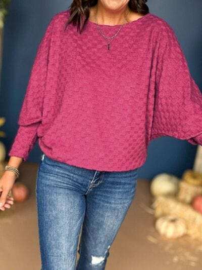 Checkered Round Neck Batwing Sleeve T-Shirt - Trendsi - Flyclothing LLC