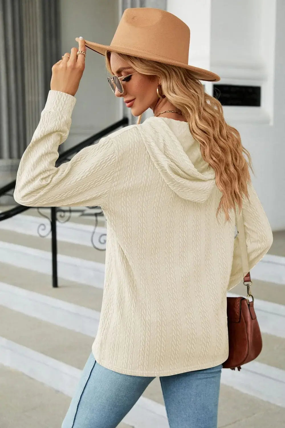 Cable-Knit Long Sleeve Hoodie - Trendsi - Flyclothing LLC