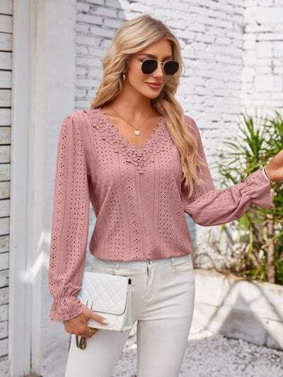 Applique V-Neck Flounce Sleeve T-Shirt - Trendsi - Flyclothing LLC