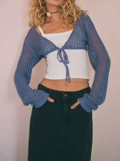 Openwork Tied Dropped Shoulder Cardigan - Trendsi - Flyclothing LLC