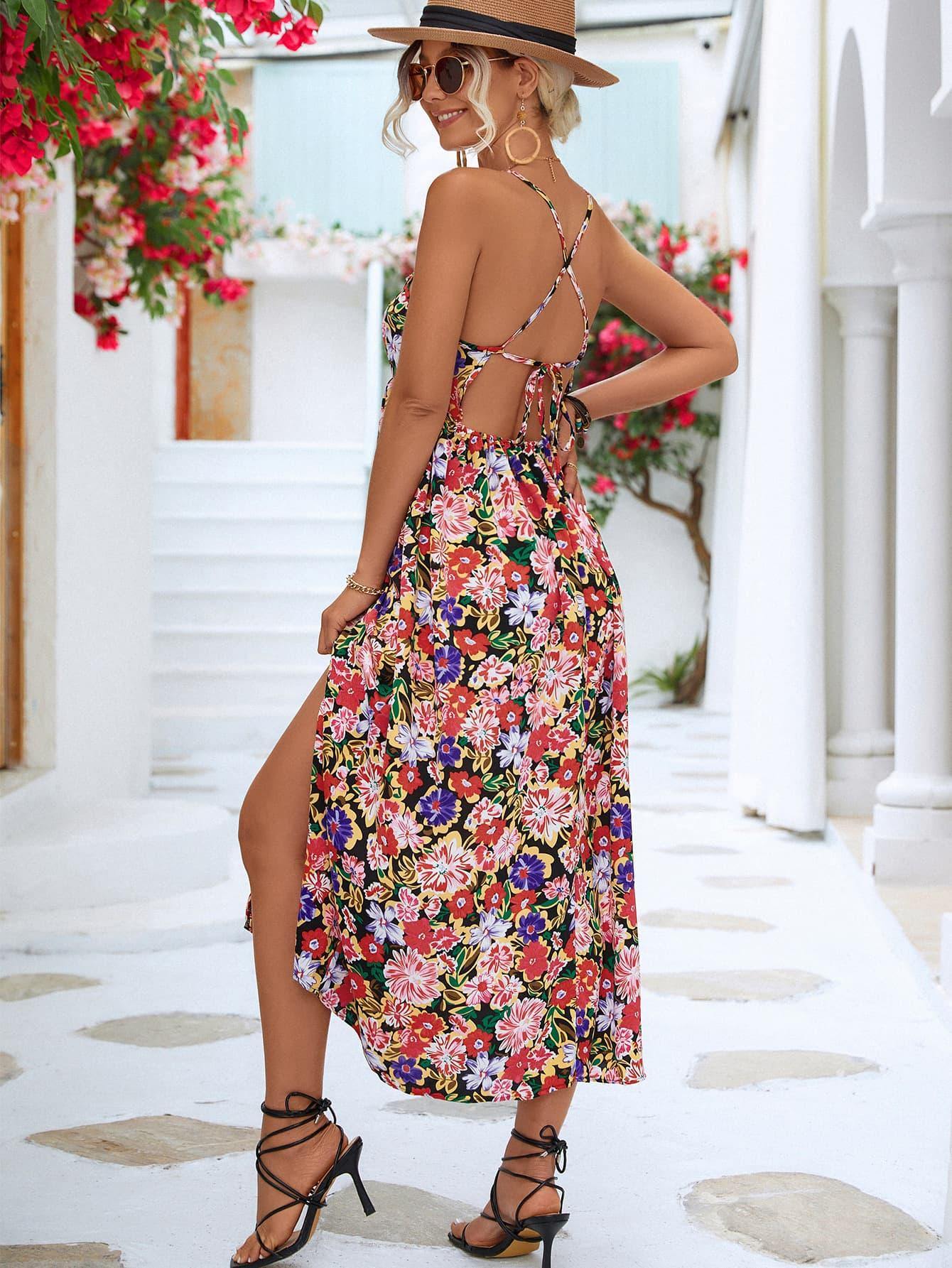 Floral Crisscross Backless Split Dress - Trendsi