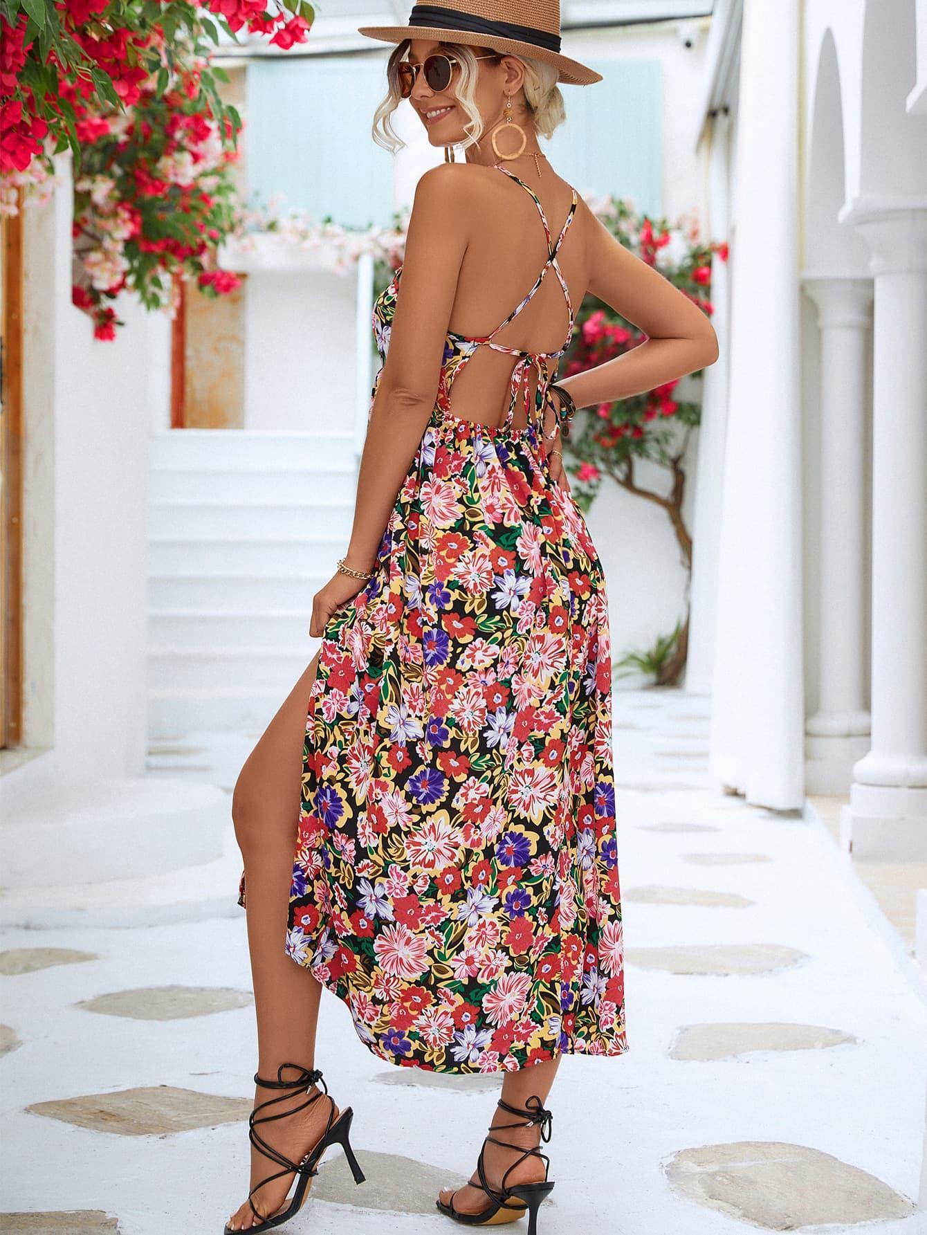 Floral Crisscross Backless Split Dress - Flyclothing LLC