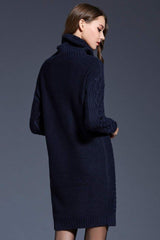 Full Size Mixed Knit Cowl Neck Dropped Shoulder Sweater Dress - Trendsi