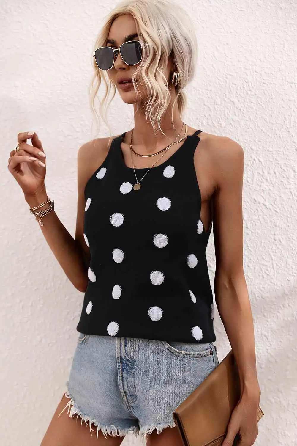 Polka Dot Round Neck Knit Tank - Trendsi - Flyclothing LLC