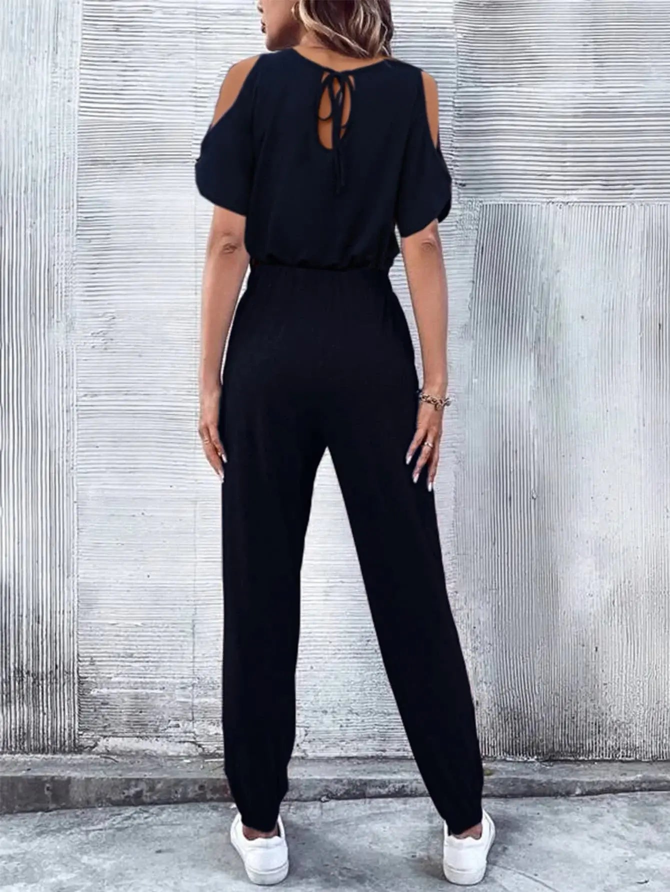 V-Neck Cold-Shoulder Jumpsuit with Pockets - Trendsi - Flyclothing LLC