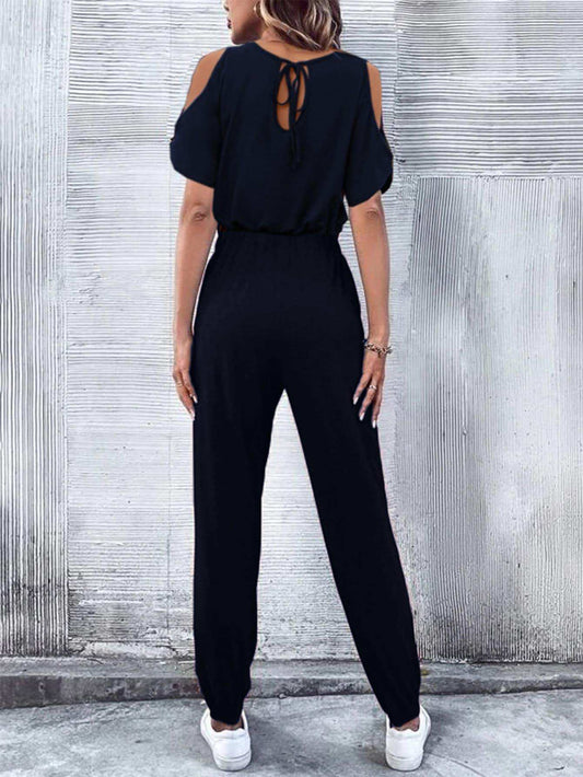 V-Neck Cold-Shoulder Jumpsuit with Pockets - Trendsi - Flyclothing LLC