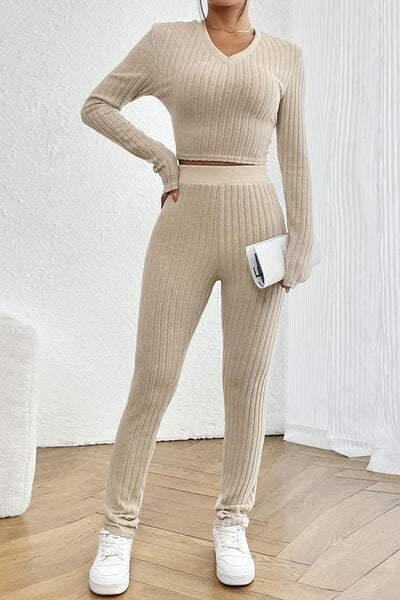 Ribbed V-Neck Long Sleeve Cropped Top and Pants Set - Trendsi - Flyclothing LLC