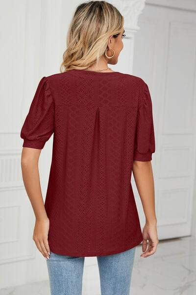 Eyelet Notched Short Sleeve T-Shirt - Trendsi - Flyclothing LLC
