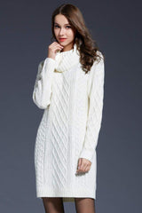 Full Size Mixed Knit Cowl Neck Dropped Shoulder Sweater Dress - Trendsi
