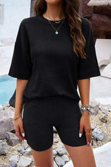 Eyelet Round Neck Top and Shorts Set - Trendsi - Flyclothing LLC