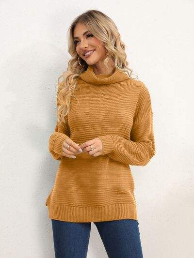 Slit Turtleneck Dropped Shoulder Sweater - Trendsi - Flyclothing LLC