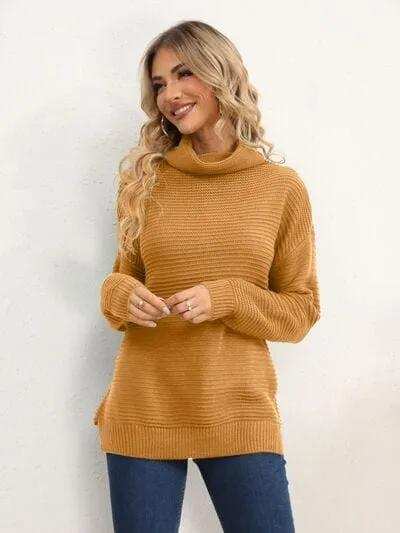Slit Turtleneck Dropped Shoulder Sweater - Trendsi - Flyclothing LLC