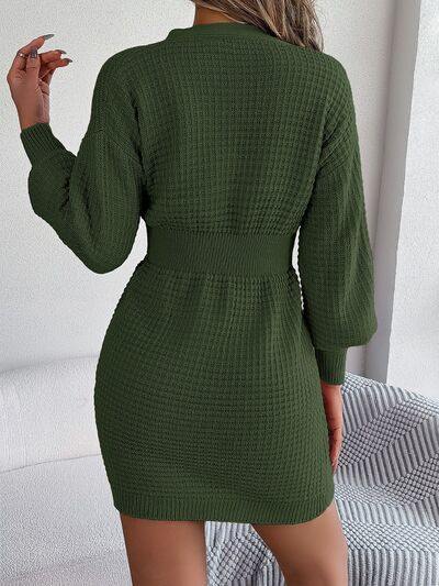 Buttoned Cable-Knit V-Neck Sweater Dress - Trendsi