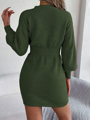 Buttoned Cable-Knit V-Neck Sweater Dress - Trendsi