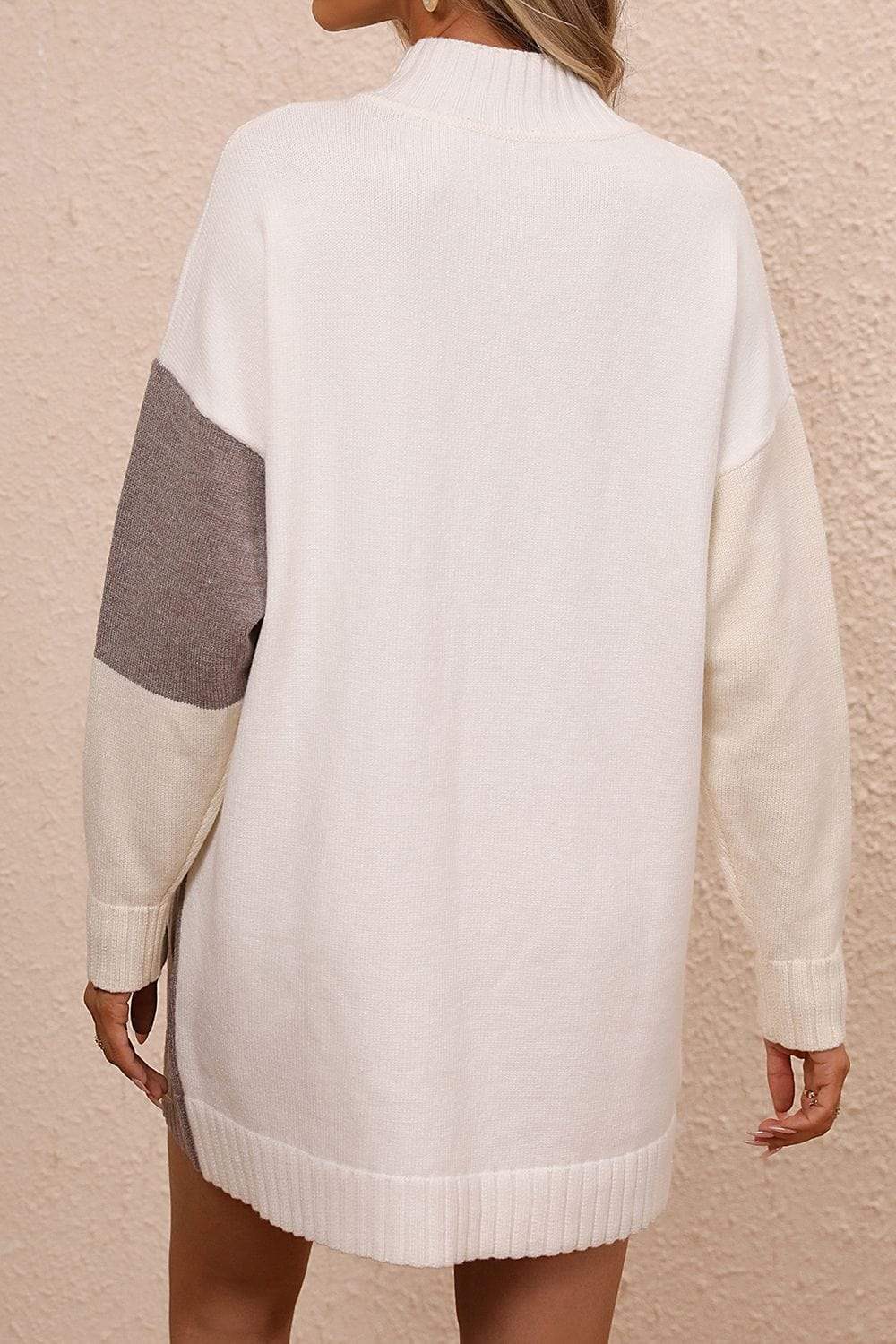Color Block Mock Neck Dropped Shoulder Sweater Dress - Trendsi - Flyclothing LLC