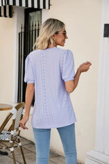 Eyelet Puff Sleeve V-Neck Top - Trendsi - Flyclothing LLC