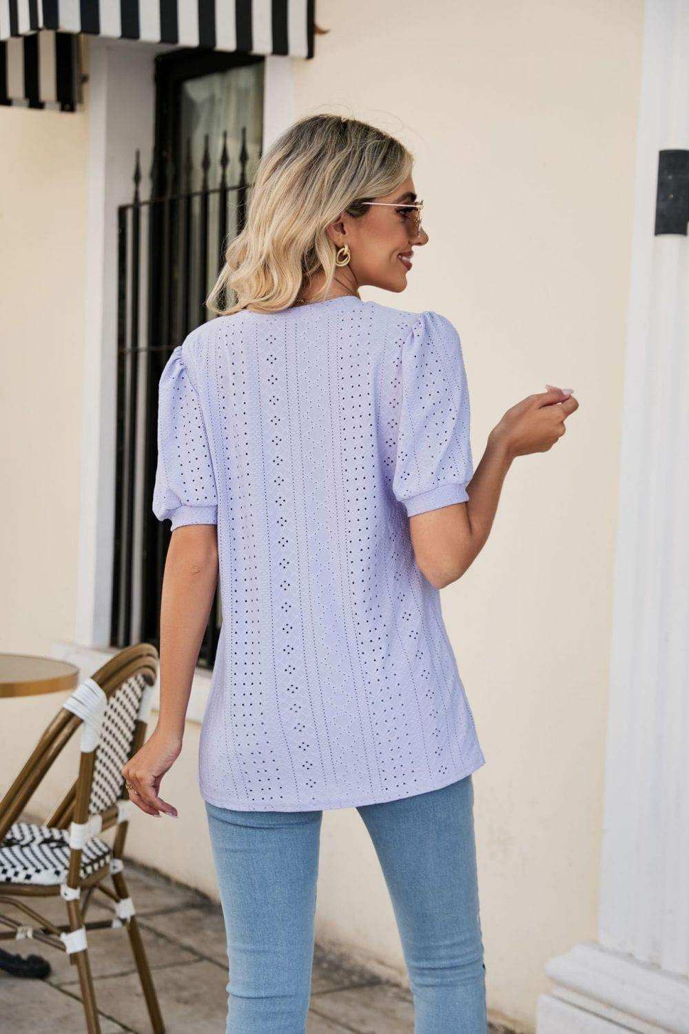 Eyelet Puff Sleeve V-Neck Top - Trendsi - Flyclothing LLC