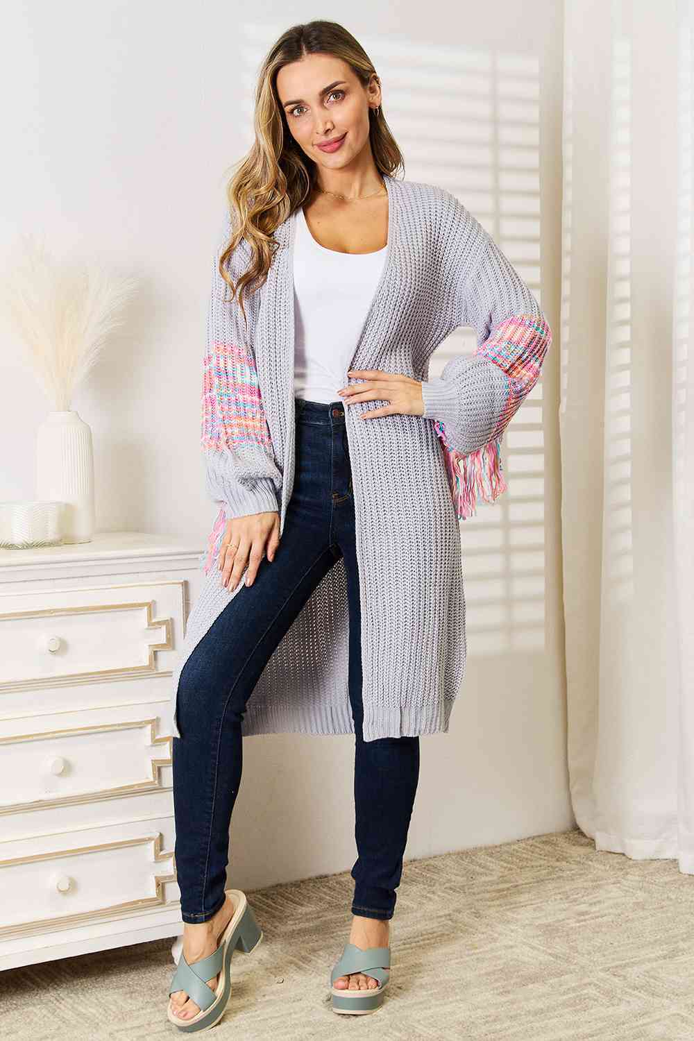 Woven Right Fringe Sleeve Dropped Shoulder Cardigan - Cloudy Blue / S