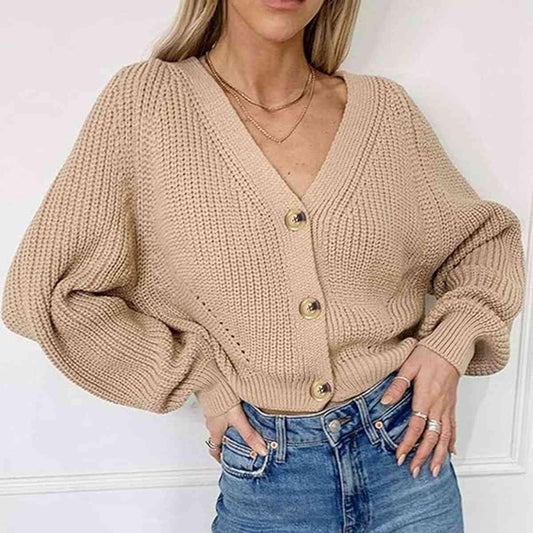 Button Up V-Neck Long Sleeve Cardigan - Trendsi