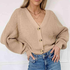 Button Up V-Neck Long Sleeve Cardigan - Trendsi