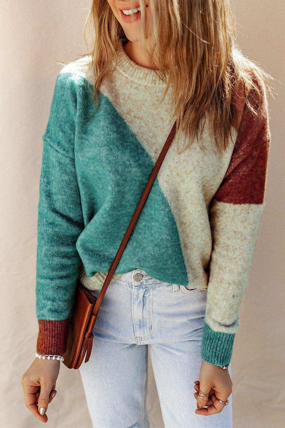 Color Block Round Neck Dropped Shoulder Pullover Sweater - Trendsi
