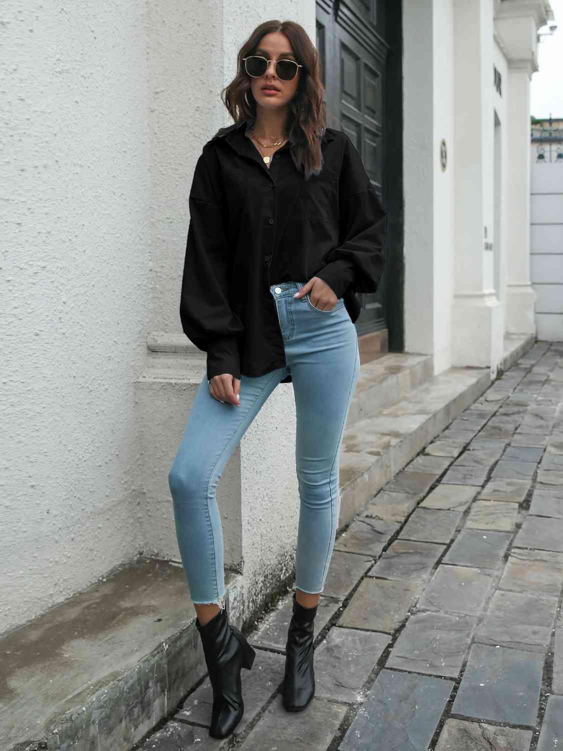 Collared Neck Dropped Shoulder Buttoned Shirt - Trendsi