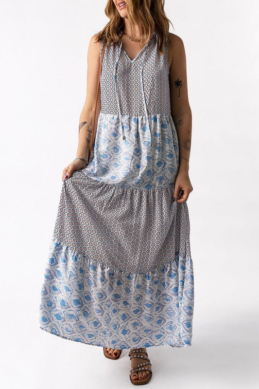 Mixed Print Tie-Neck Sleeveless Maxi Dress - Flyclothing LLC