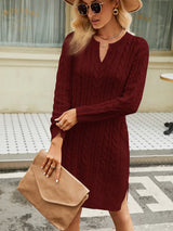 Notched Neck Cable-Knit Slit Sweater Dress - Trendsi - Flyclothing LLC