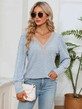 Lace Detail V-Neck Ribbed Blouse - Trendsi - Flyclothing LLC