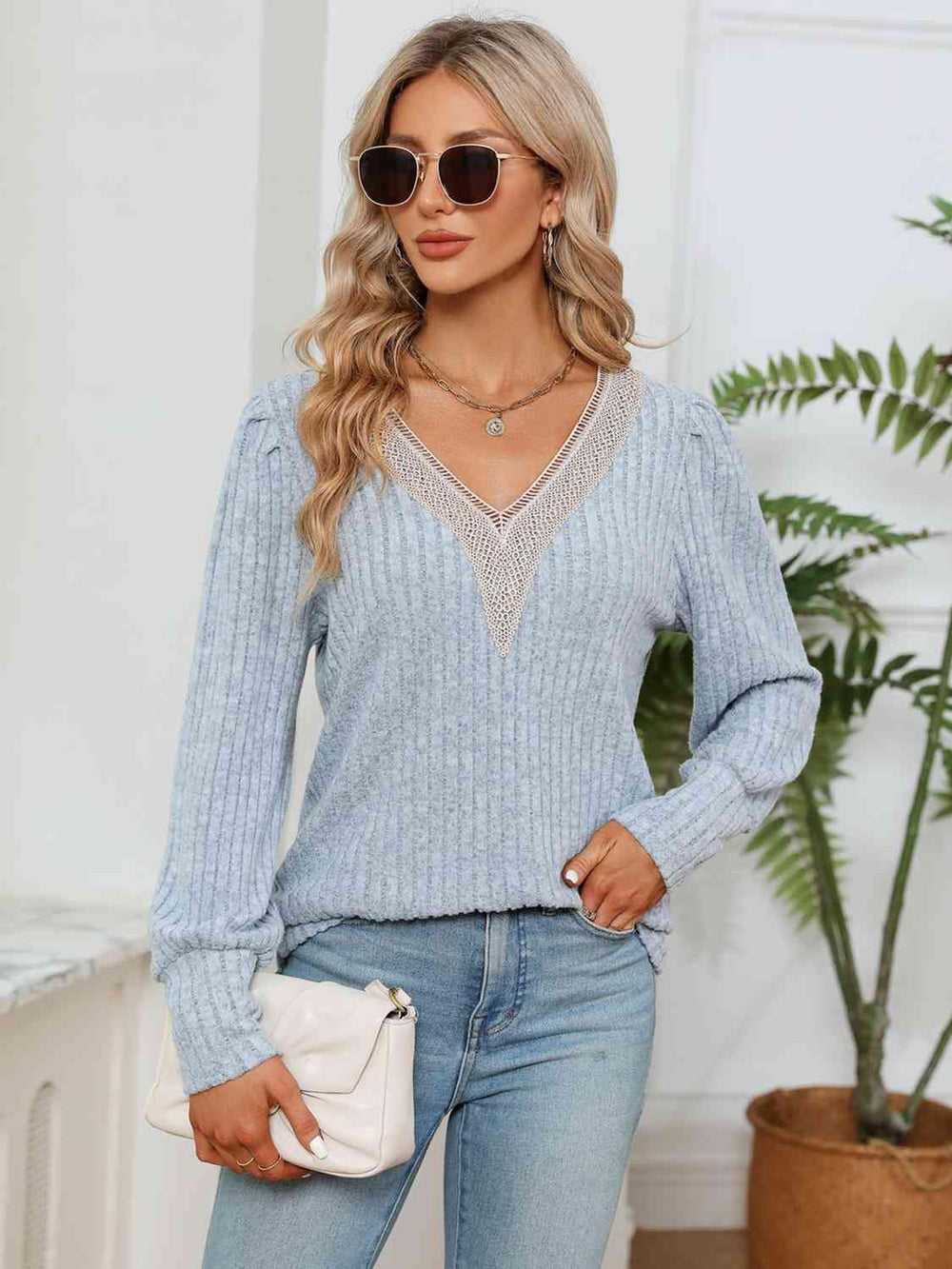 Lace Detail V-Neck Ribbed Blouse - Trendsi