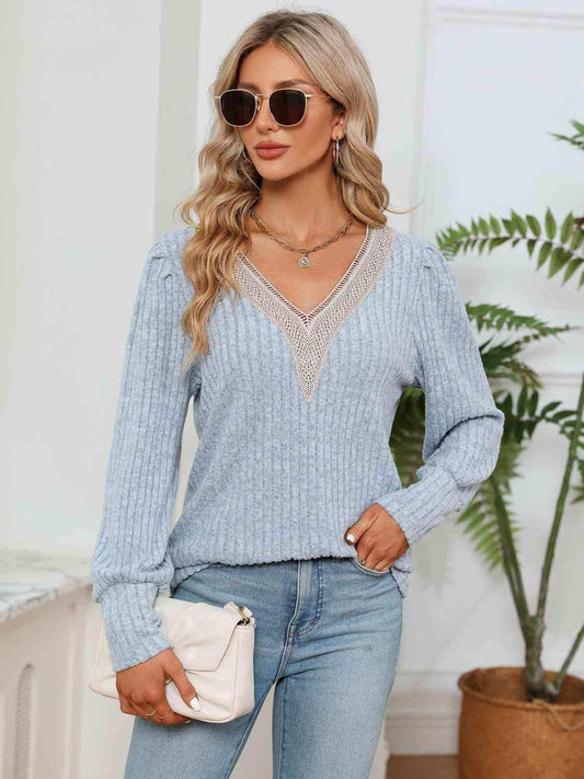 Lace Detail V-Neck Ribbed Blouse - Trendsi - Flyclothing LLC