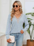Lace Detail V-Neck Ribbed Blouse - Trendsi