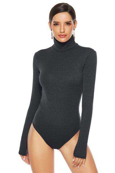 Ribbed Turtleneck Long Sleeve Bodysuit - Trendsi - Flyclothing LLC