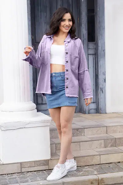 Raw Hem Pocketed Collared Neck Denim Jacket - Trendsi - Flyclothing LLC