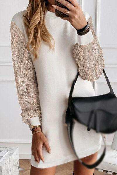 Sequin Long Sleeve Round Neck Mini Dress - Trendsi - Flyclothing LLC