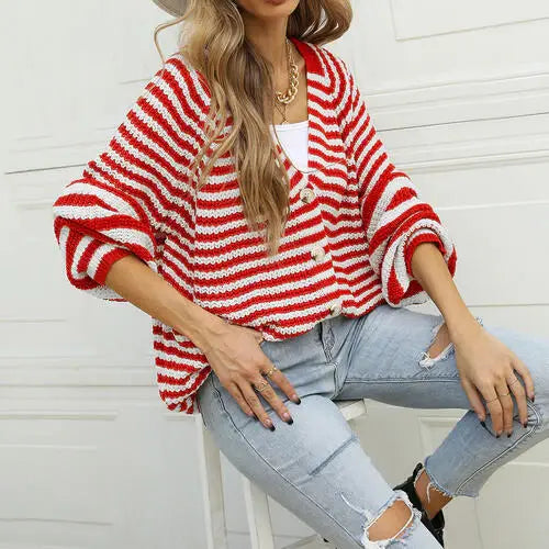 Striped Button Down Long Sleeve Cardigan - Trendsi - Flyclothing LLC