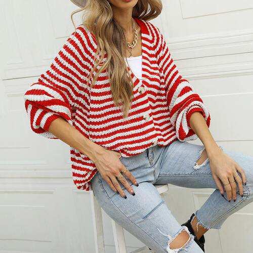 Striped Button Down Long Sleeve Cardigan - Trendsi - Flyclothing LLC