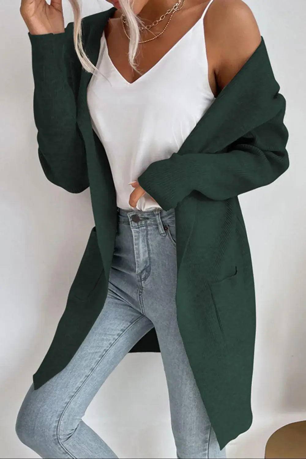 Ribbed Open Front Hooded Cardigan with Pockets - Trendsi - Flyclothing LLC