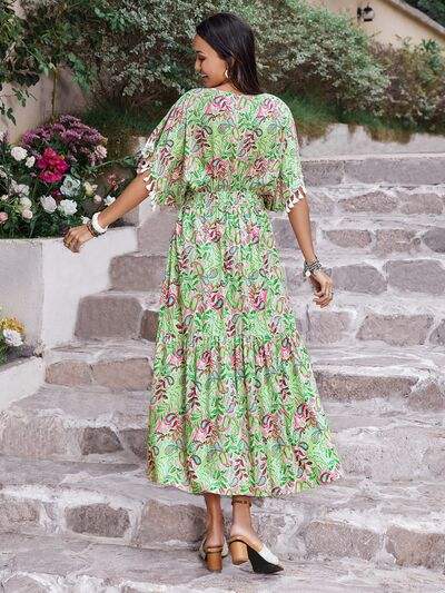 Smocked Floral V-Neck Short Sleeve Dress - Trendsi - Flyclothing LLC