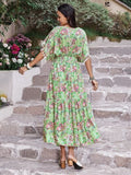 Smocked Floral V-Neck Short Sleeve Dress - Trendsi
